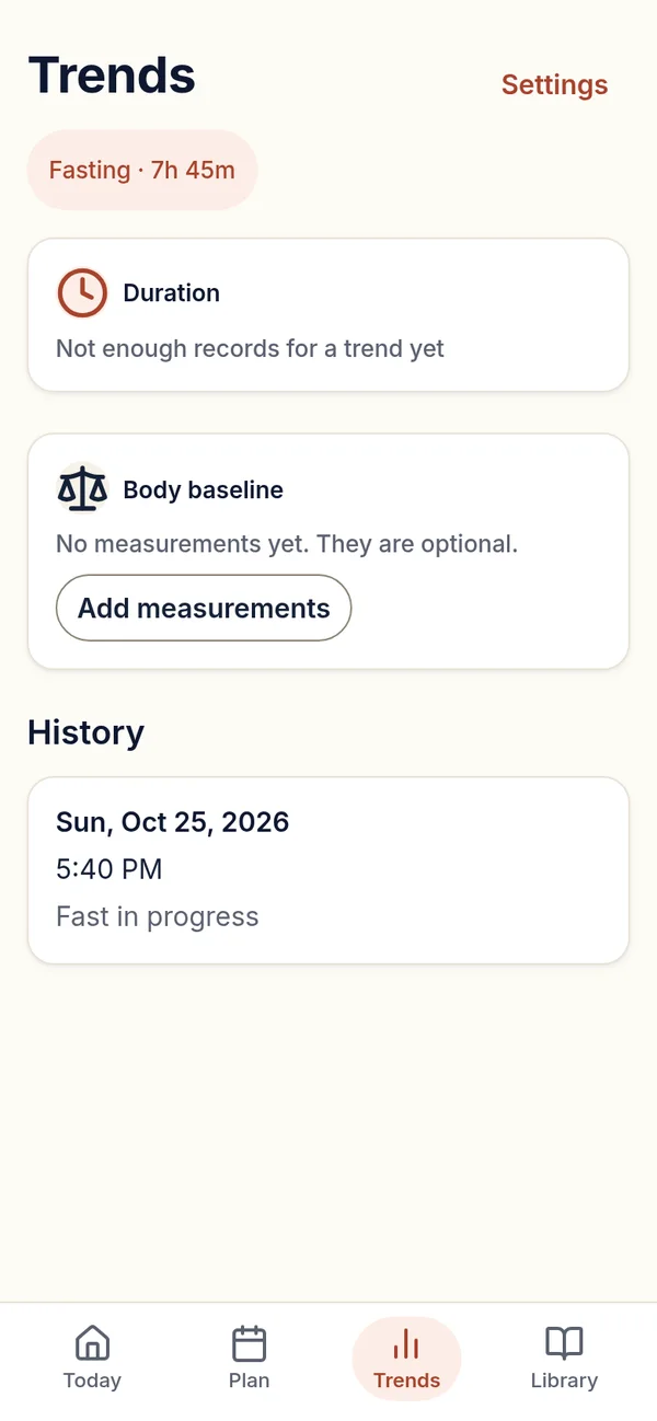 The Trends screen: Duration and Body baseline cards, with plain notes when there are not enough records yet, and a History list.
